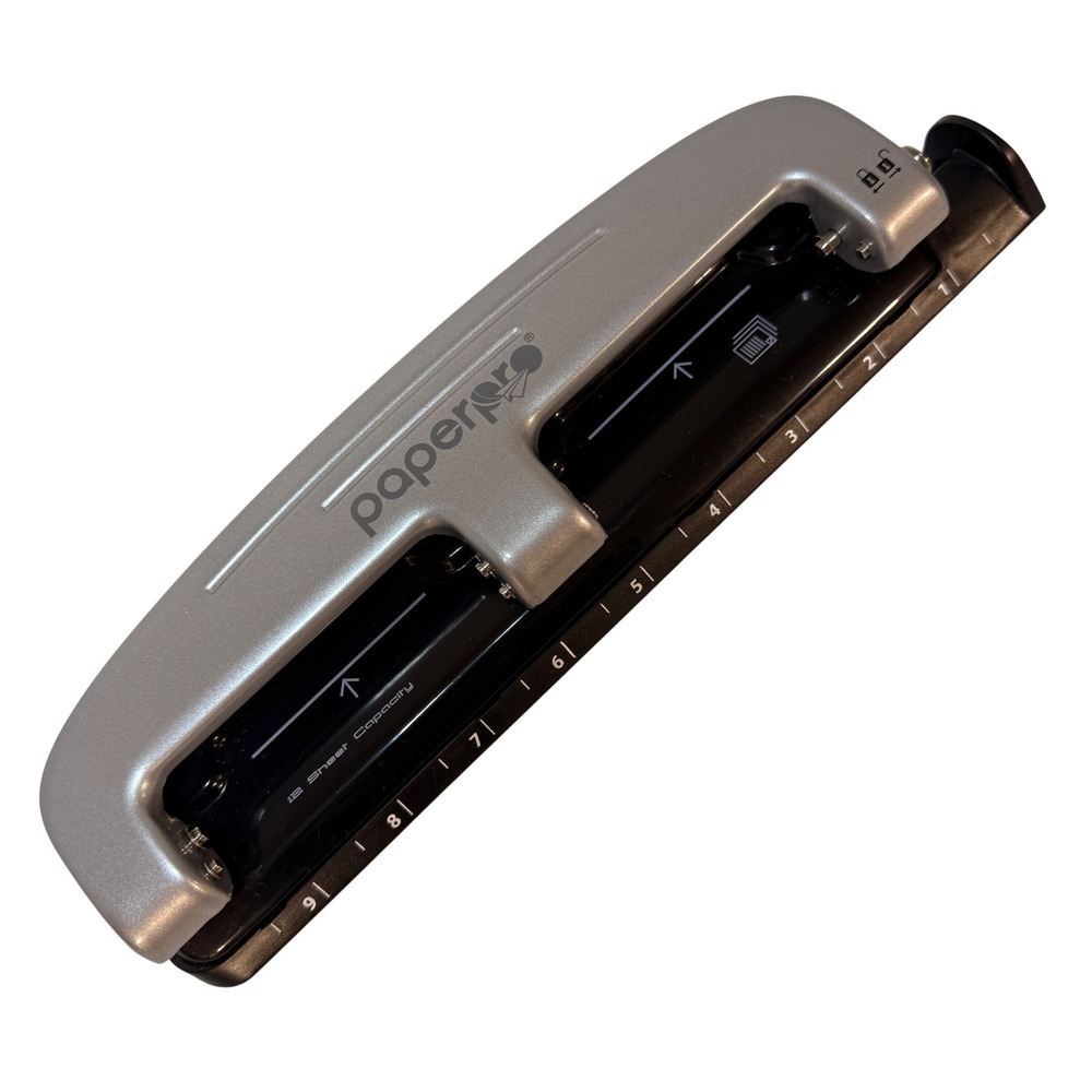 PaperPro 2101 3 Hole Punch Silver‎ Black 12 Sheet Capacity Locking Handle Ruler